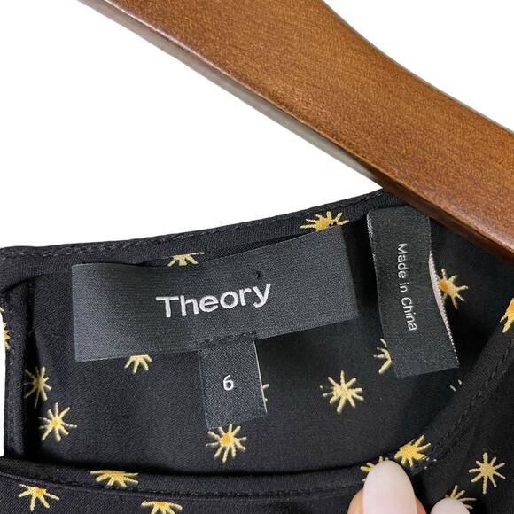 Theory Black & Yellow Star Print Silk Long Sleeve Flare Mini Dress - Picture 13 of 14